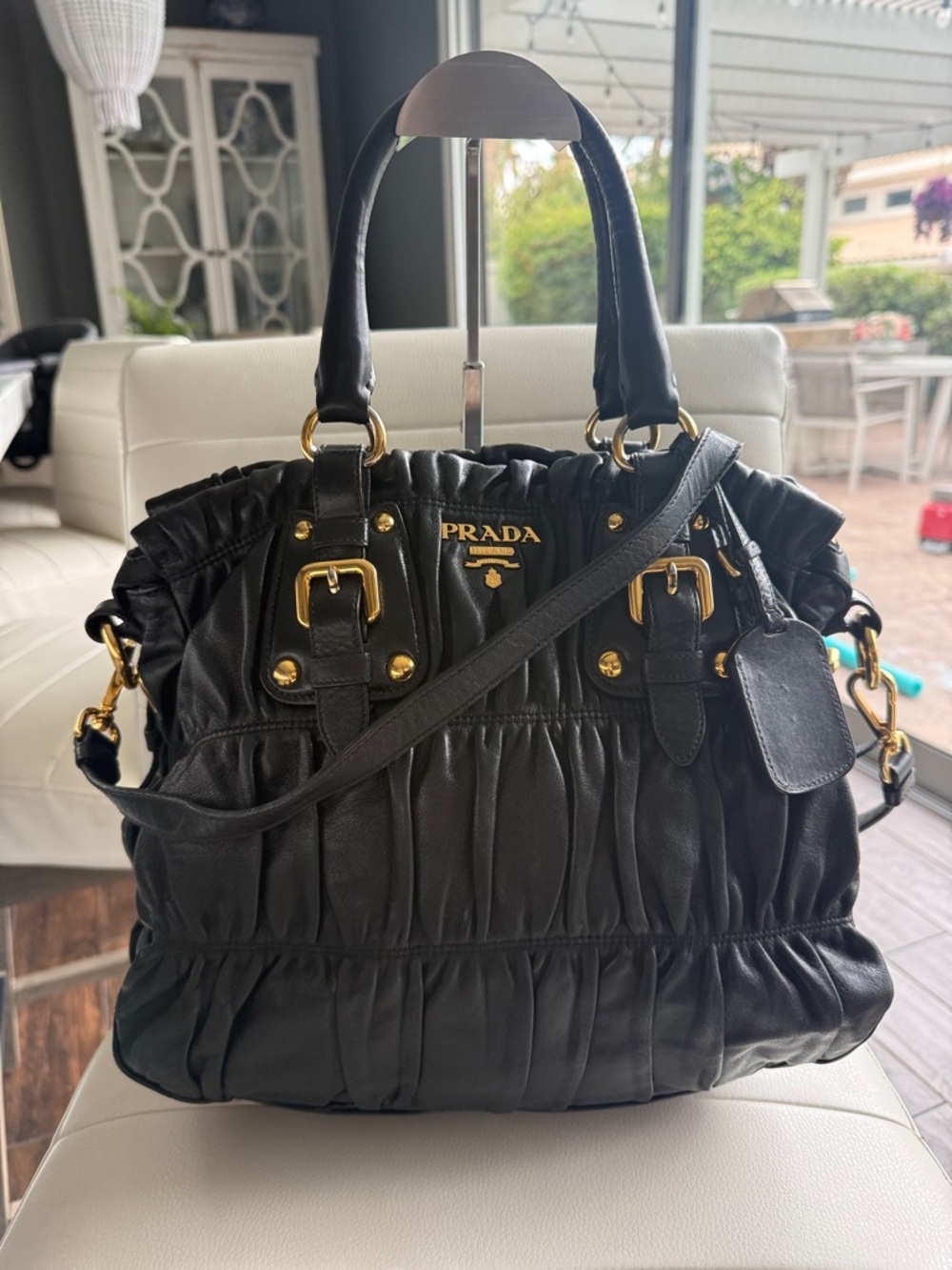 Prada Black Ruched Leather Shoulder Bag with Gold Hardware